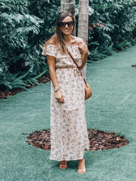 beyond boutique off the shoulder maxi with stuart weitzman nearlynude