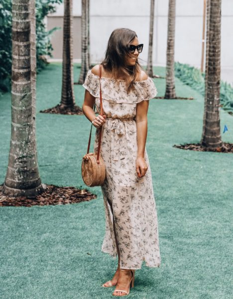 beyond boutique off the shoulder maxi with round rattan bag