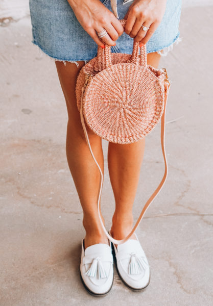 denim skirt with clare v blush petite alice and white mules