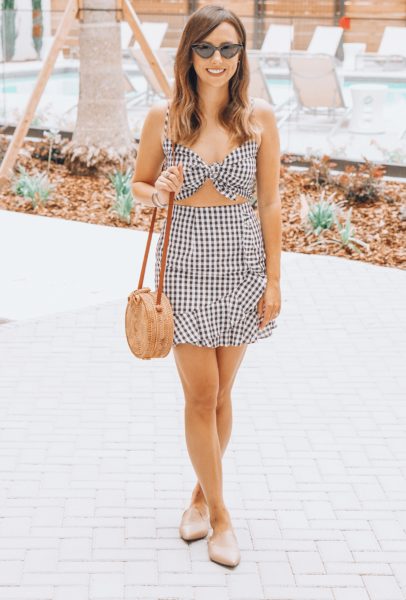 gingham two piece set with nude mules