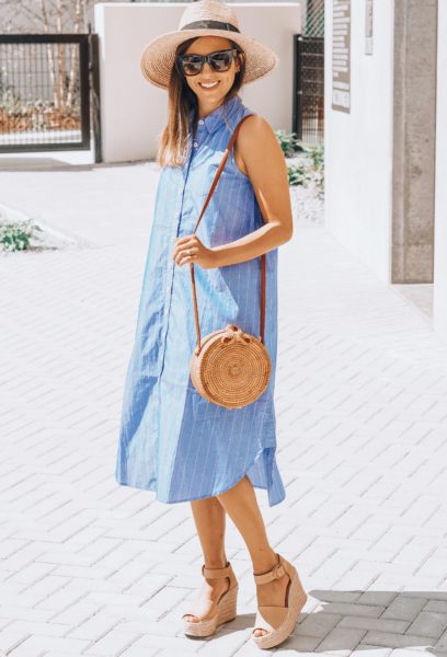 blue sleeveless button up dress with marc fisher wedges