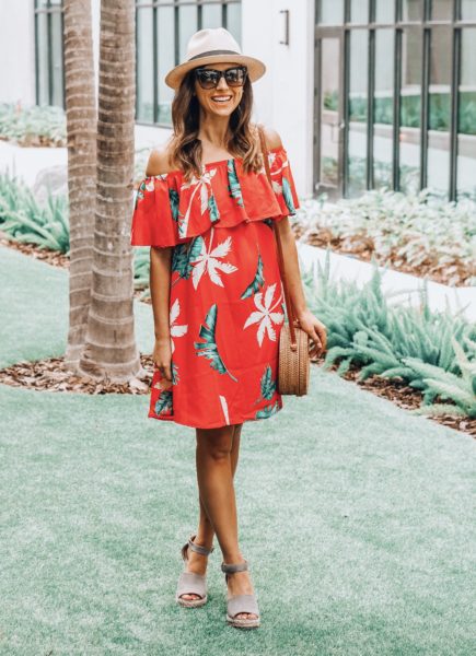 piace boutique red palm dress with j crew panama hat