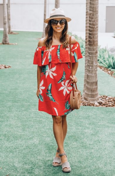 j crew panama hat with piace boutique red palm dress