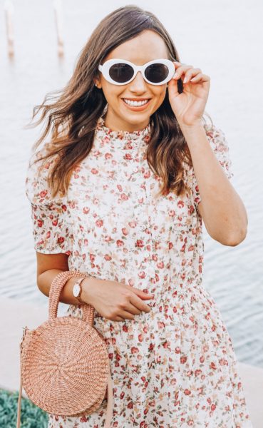 beyond boutique floral high neck dress with white sunnies