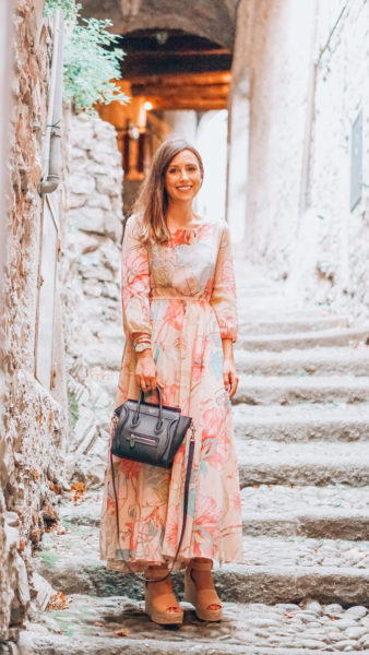 chicwish floral watercolor dress with celine nano in lake como