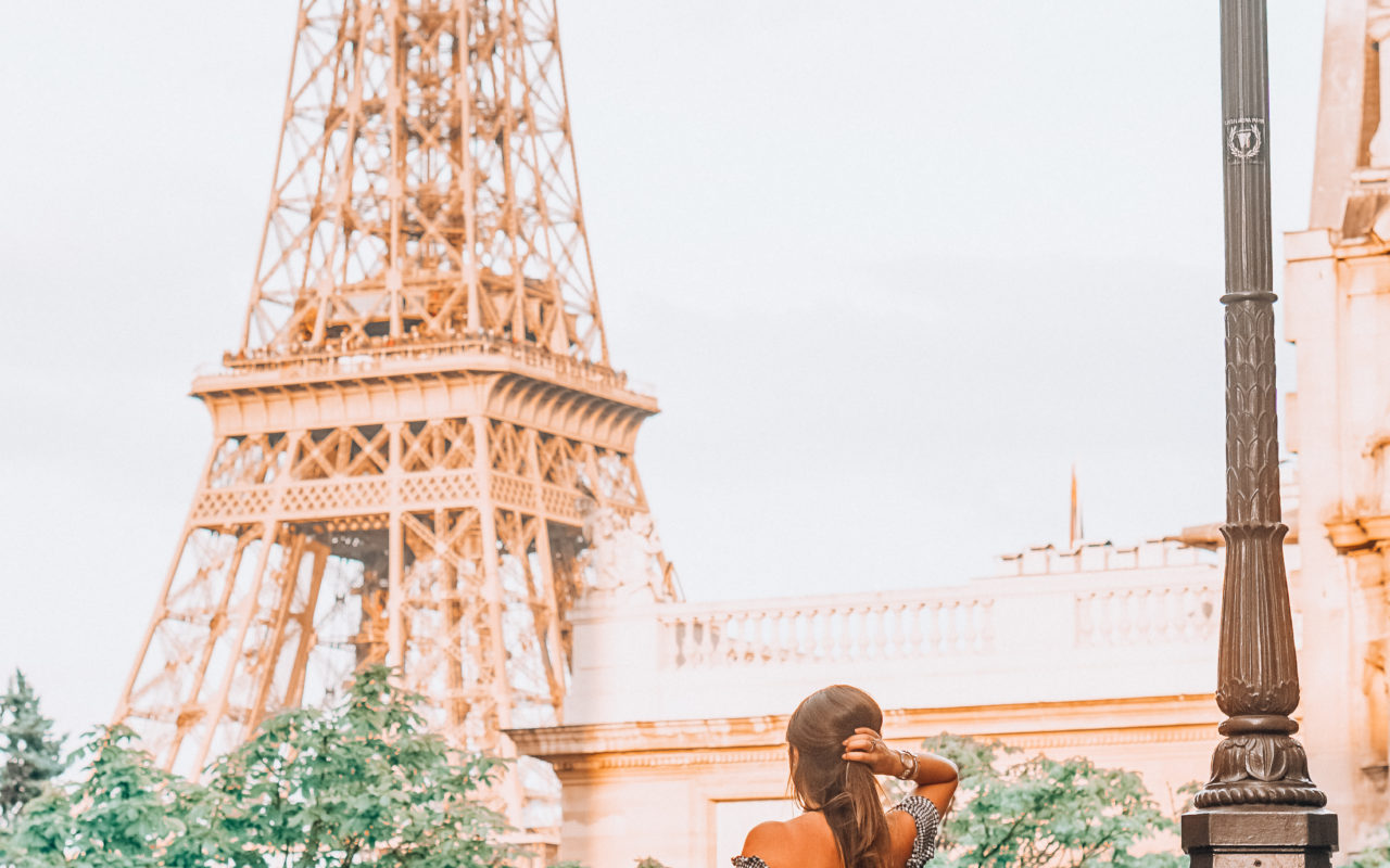 bardot gingham dress with celine nano in front of eiffel tower