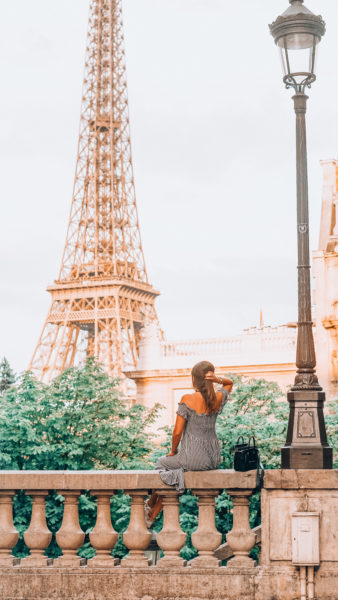 bardot gingham dress with celine nano in front of eiffel tower