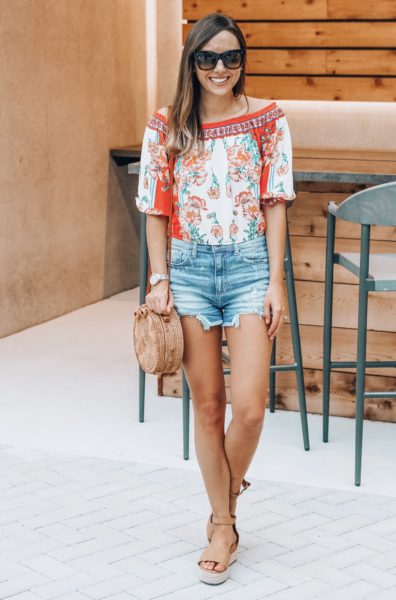 vici red floral off the shoulder top with round rattan bag
