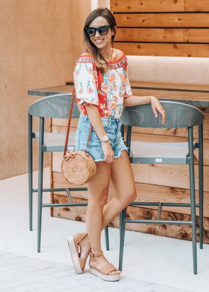 vici red floral off the shoulder top with wedge sandals