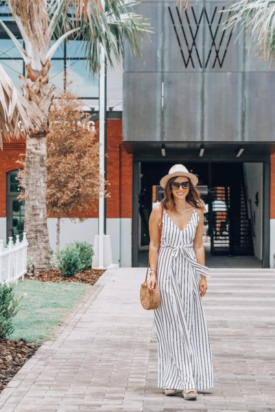 stripe wide leg jumpsuit with wedges