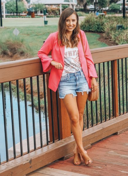 vici pink blazer with band tee and mules