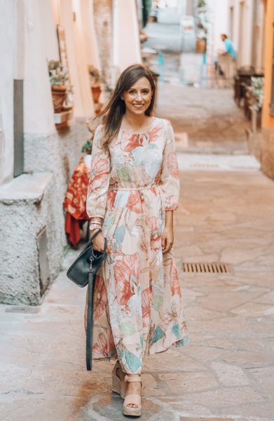 chicwish floral watercolor dress with black celine nano in lake como