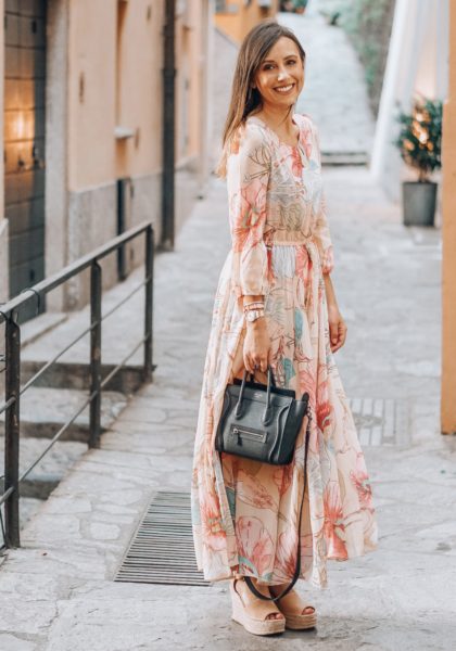 chicwish floral watercolor dress with blush wedges in lake como