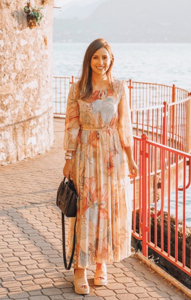 marc fisher wedges with chicwish floral watercolor dress in lake como