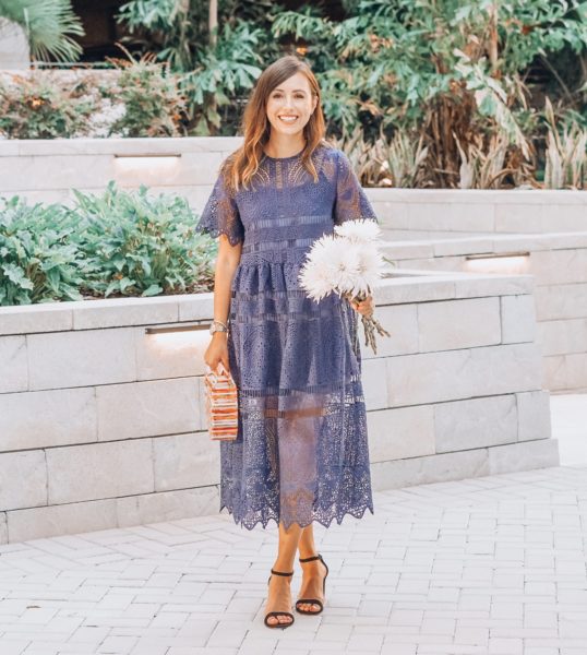 chicwish navy lace dress with rainbow arc bag