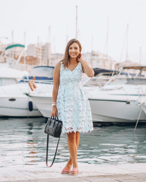 chicwish mint lace dress with pink sandals in marseille