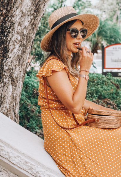 jardin by macris mustard polka dot dress with rattan bag