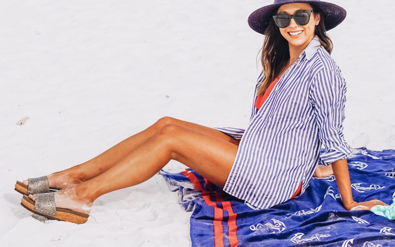 stripe button up with trina turk swimsuit