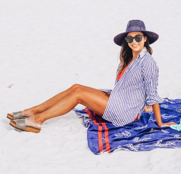 stripe button up with trina turk swimsuit
