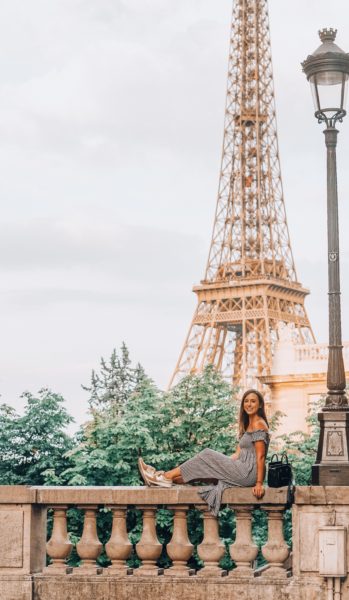 bardot gingham dress with aetrex sneakers in front of eiffel tower