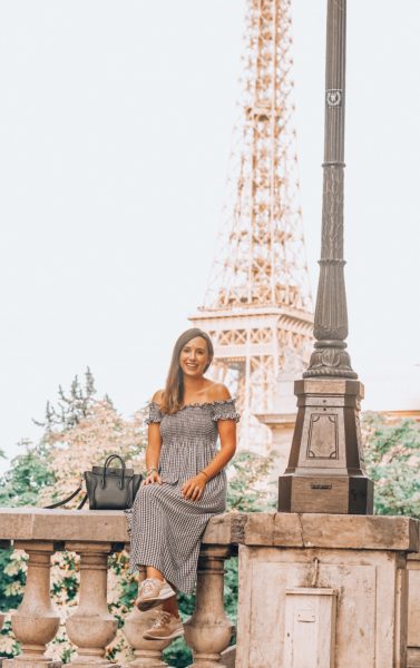 celine nano with bardot gingham dress in paris
