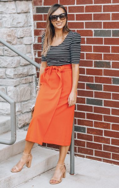 stripe top with tracy reese orange skirt