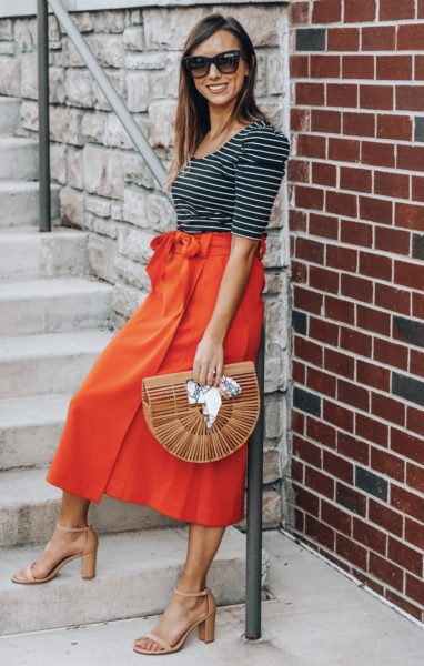 tracy reese orange midi skirt with stripe top