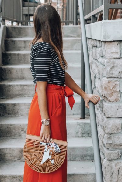 tracy reese orange skirt with stripe tee