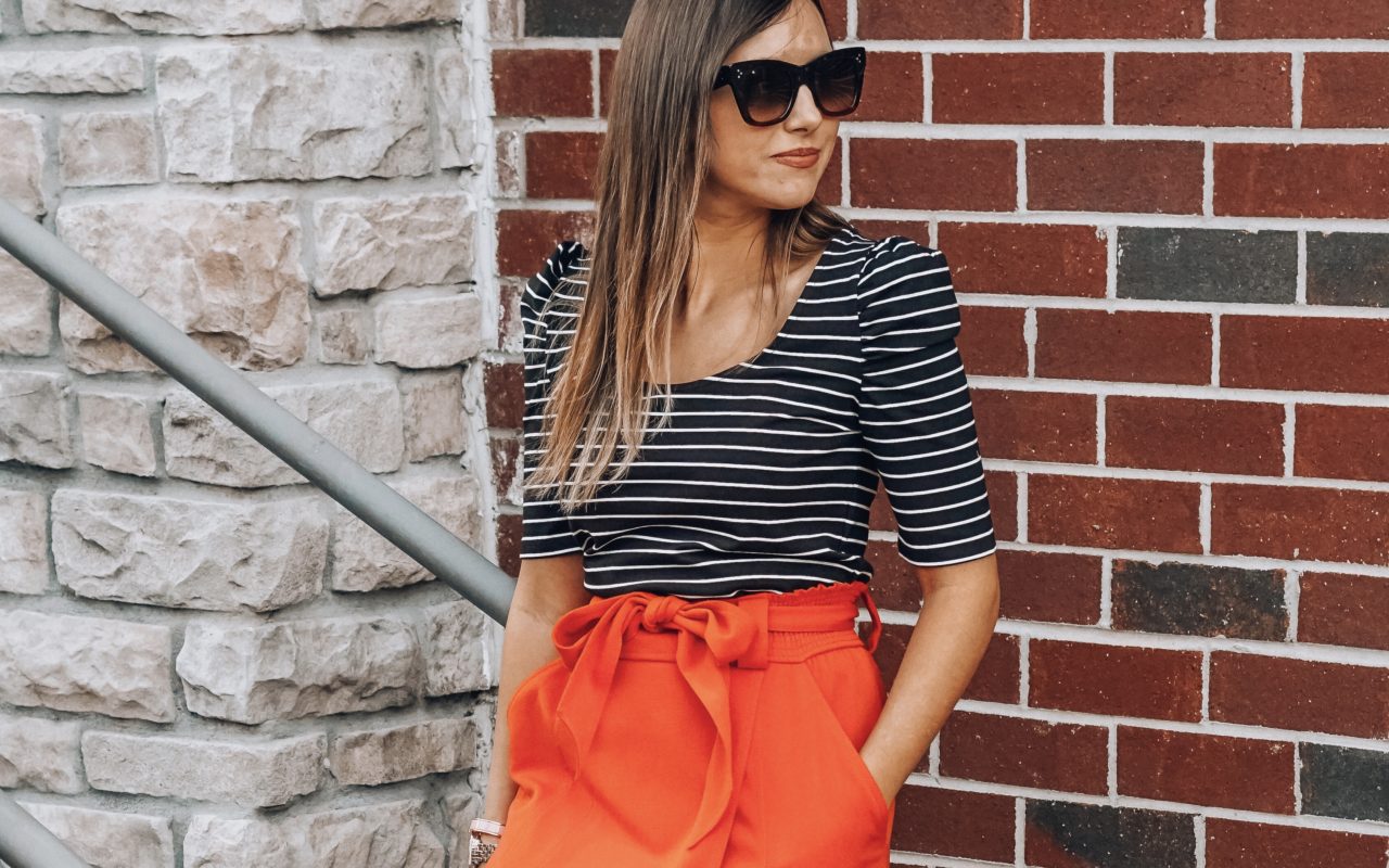 stripe top with tracy reese orange midi skirt