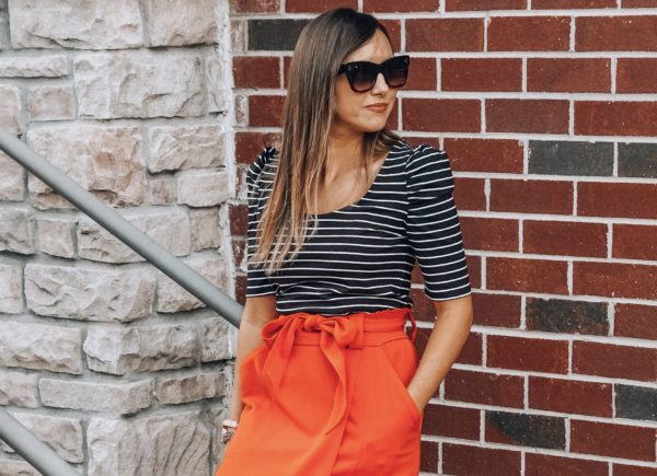 stripe top with tracy reese orange midi skirt