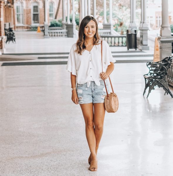 boyfriend denim shorts with white waffle top and mules