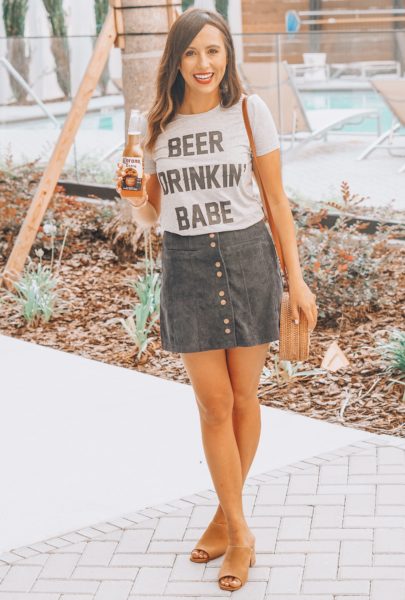 navy skirt with beer drinkin babe tee