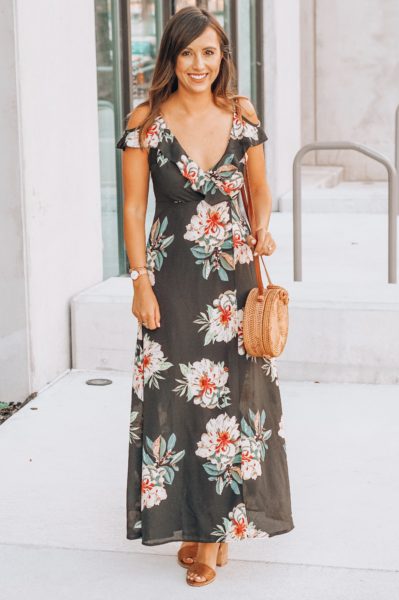 chic treasure floral maxi dress with round rattan bag