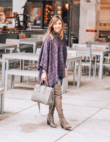 plaid poncho with over the knee boots and ysl sac de jour