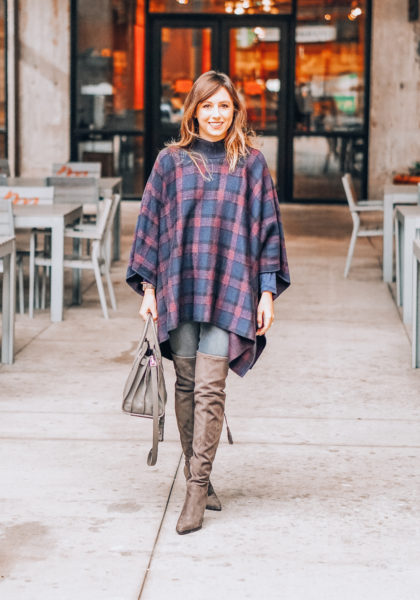 plaid poncho with over the knee boots and ysl bag