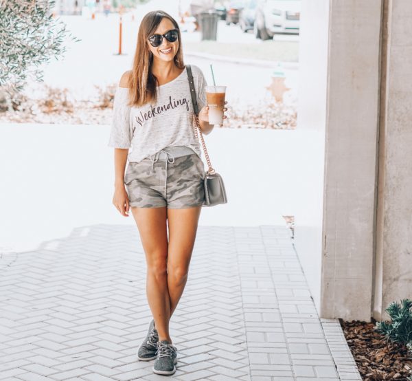 pink blush camo shorts with weekending tee