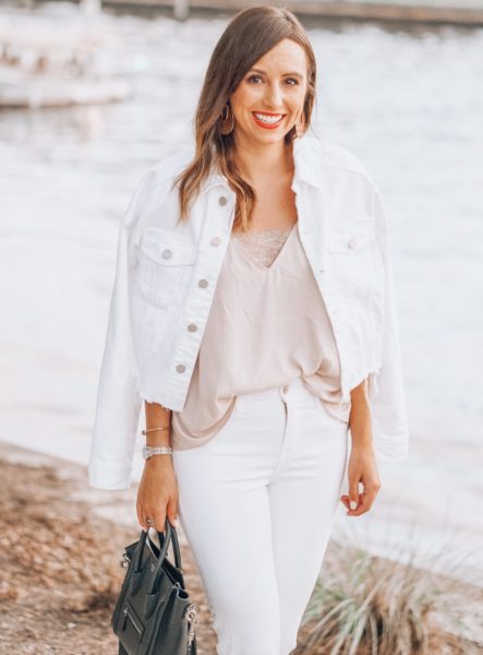free people bandeau cami with white liverpool denim jacket
