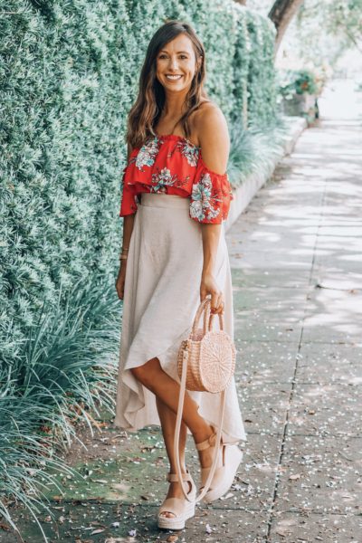 bishop and young red top with beyond boutique wrap skirt