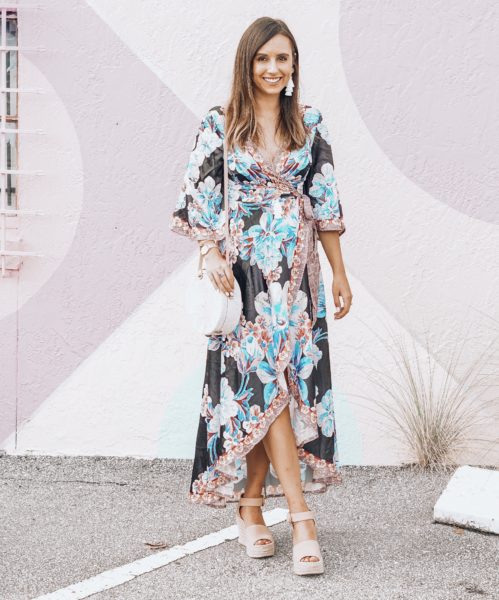 pink blush floral wrap dress with susan shaw earrings