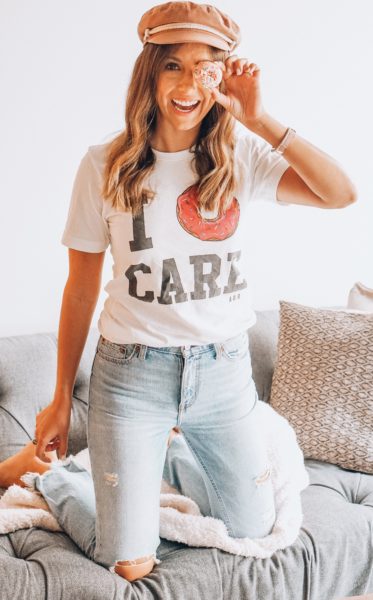 i donut care tee with ripped denim