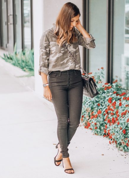 express camo blouse with stuart weitzman nearlynude