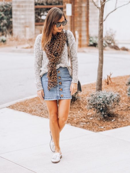 leopard scarf with sweater and denim skirt