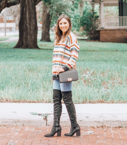 chicwish stripe sweater with black over the knee boots