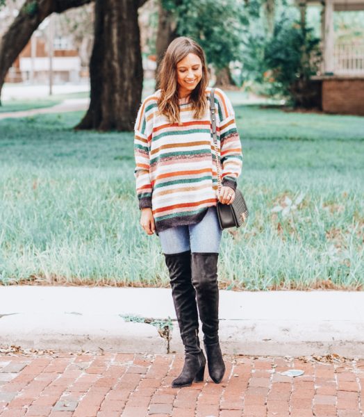 black over the knee boots with chicwish stripe sweater