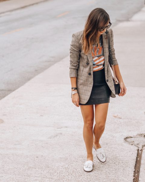 kiss tee with plaid blazer and faux leather skirt