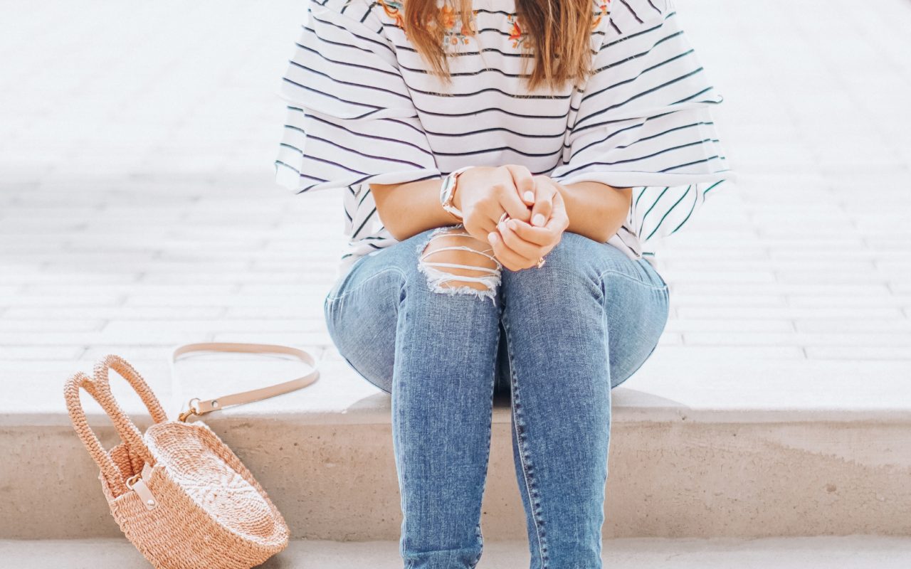 clare v petite alice with hazel stripe embroidered top