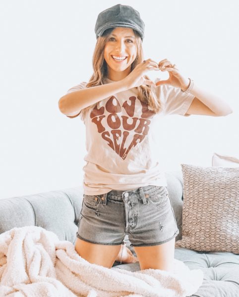 love yourself tee with levi's shorts