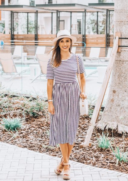 pink blush navy stripe dress with marc fisher wedges