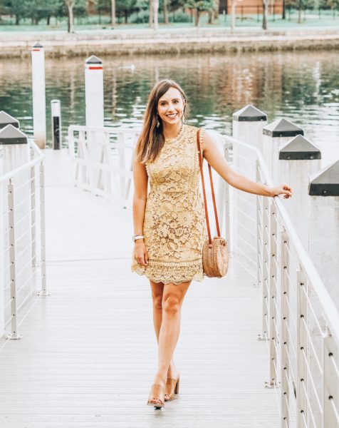 vici yellow lace dress with brown mules