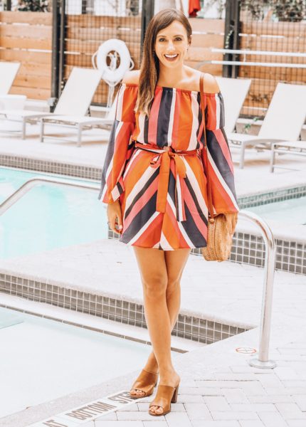 vici stripe off the shoulder dress with brown mules